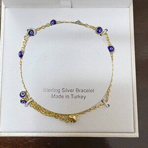 Evil Eye Sterling Silver 925 Turkish Bracelet, Yellow Gold Plated over Sterling
